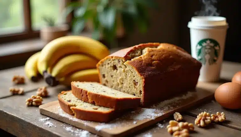 Banana walnut bread slices with Starbucks coffee.