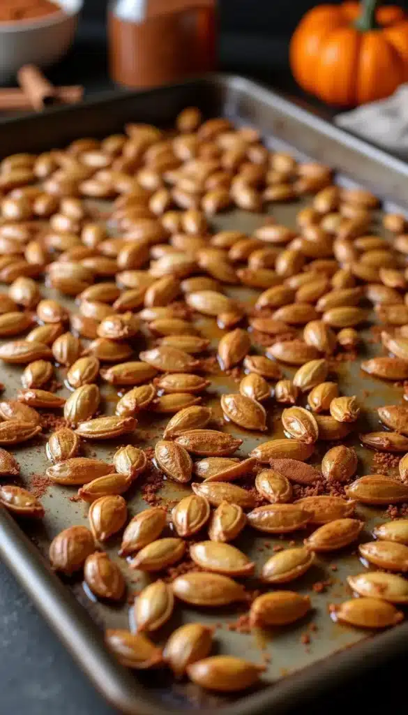 Roasted pumpkin seeds on baking sheet