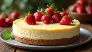 Cheesecake topped with fresh strawberries.