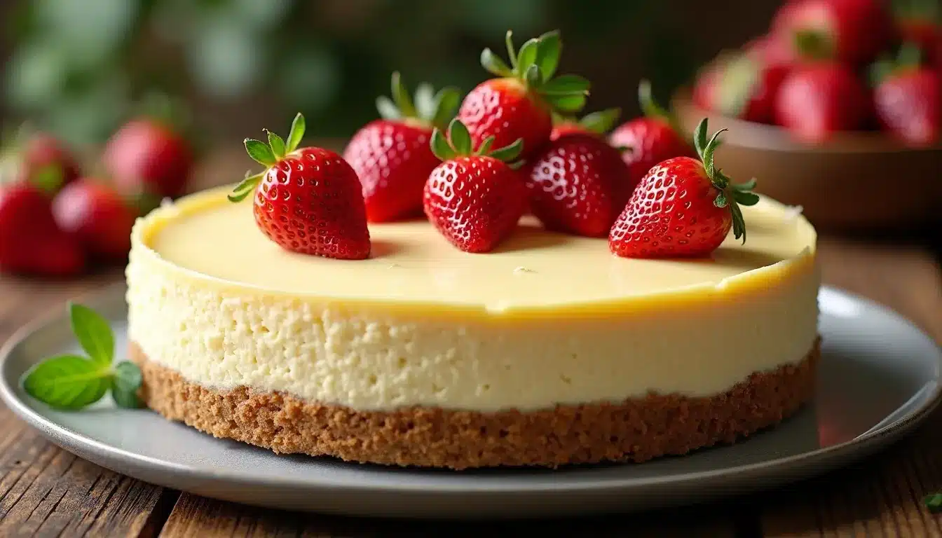 Cheesecake topped with fresh strawberries.