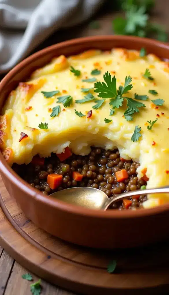Lentil shepherd's pie with mashed potatoes and parsley