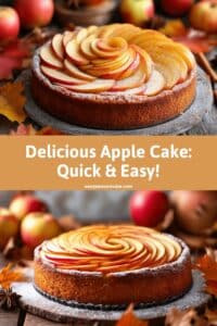 A beautifully arranged apple cake topped with thinly sliced apples dusted with powdered sugar, surrounded by fresh apples and autumn leaves.