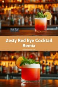A vibrant Red Eye cocktail with a frothy top, garnished with fresh mint and a lemon slice, set against a warm, blurred bar background.