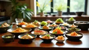 Variety of colorful Asian dishes displayed on table.