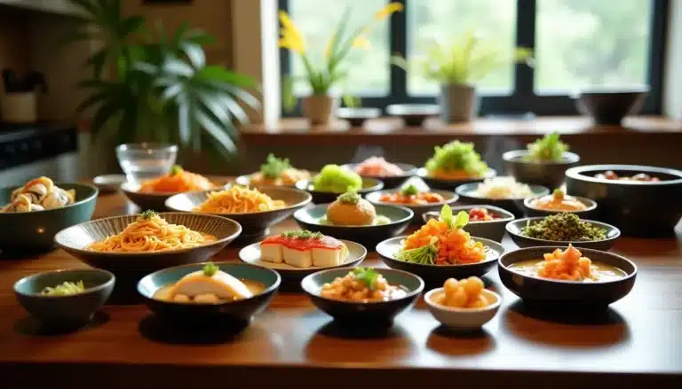 Variety of colorful Asian dishes displayed on table.