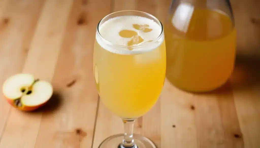 Glass of apple juice on wooden table