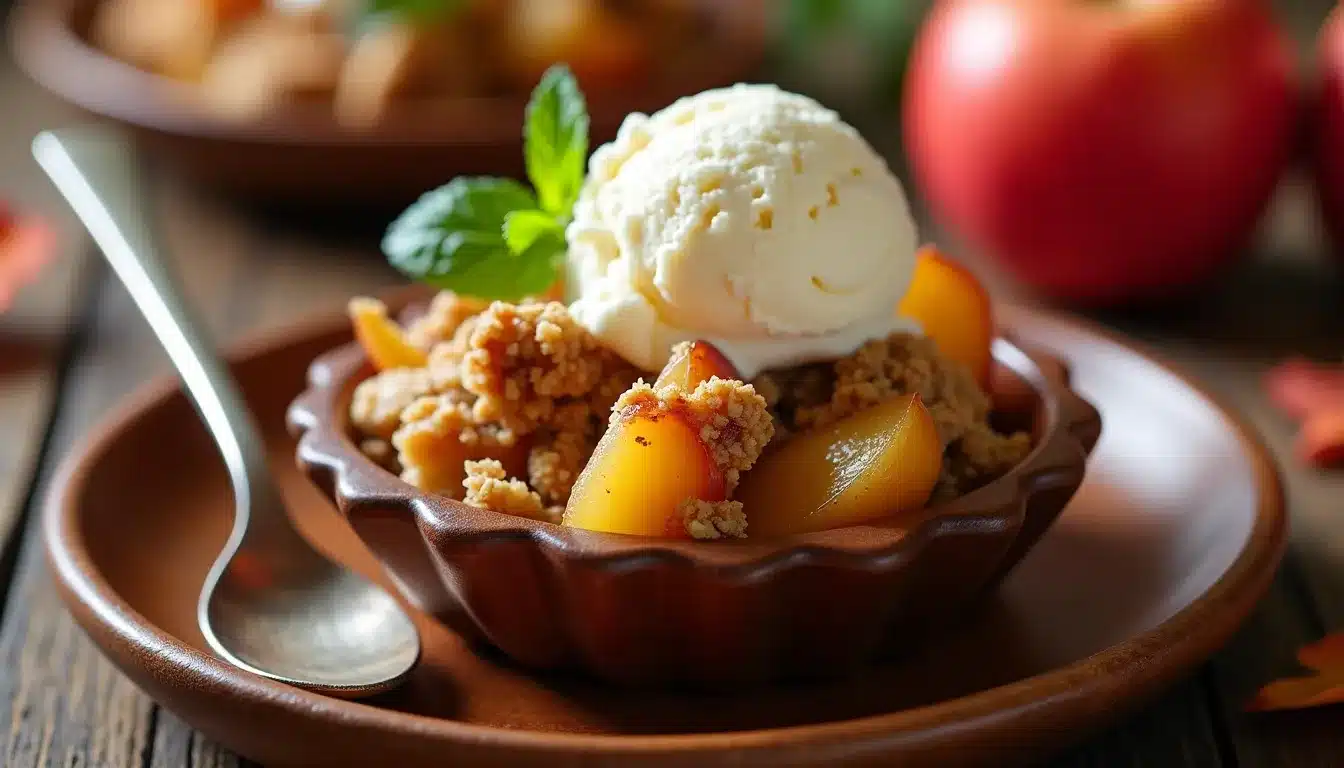 Peach crisp dessert with ice cream scoop.