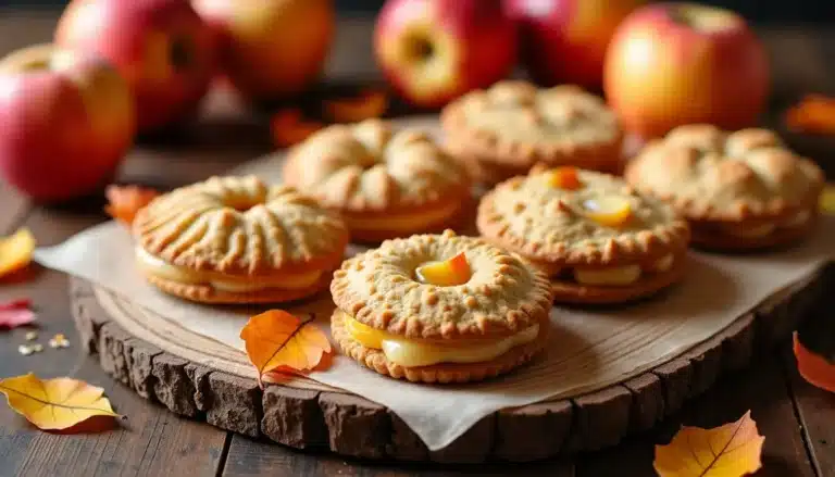 Apple-themed cookies on wooden board.