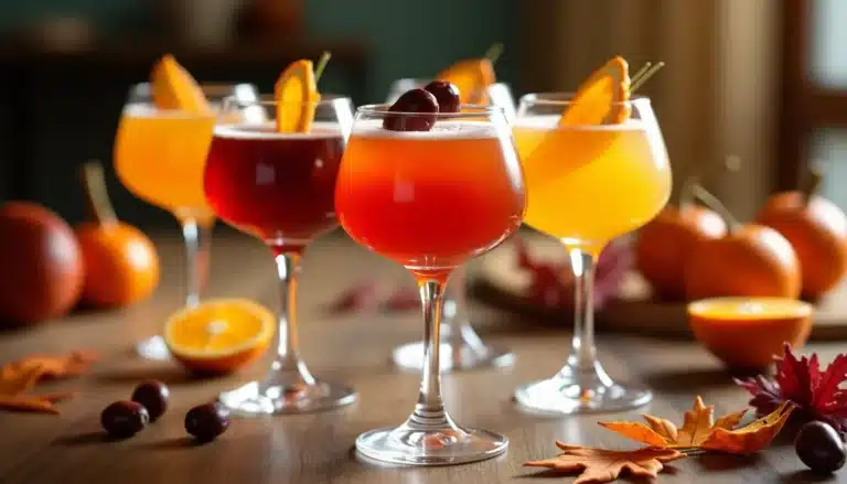 Colorful fall cocktails with orange and cranberry garnishes.