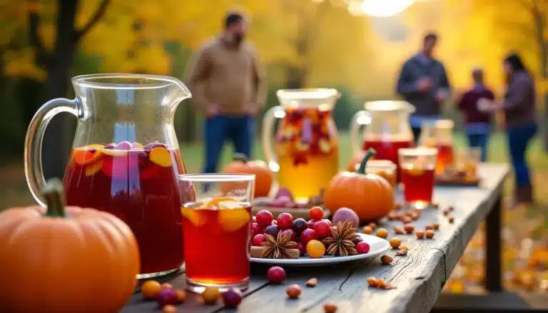 Autumn picnic table with fruit drinks and pumpkins.