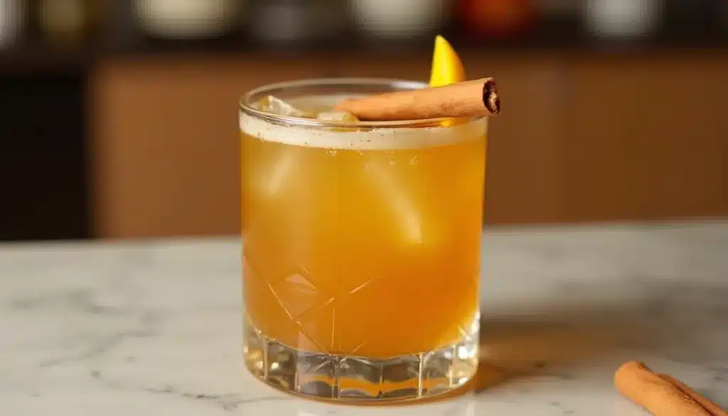 Whiskey cocktail with ice and orange garnish.