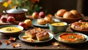 Autumn feast with soups, bread, and desserts.