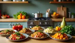 Plate of colorful vegetarian dishes in kitchen.