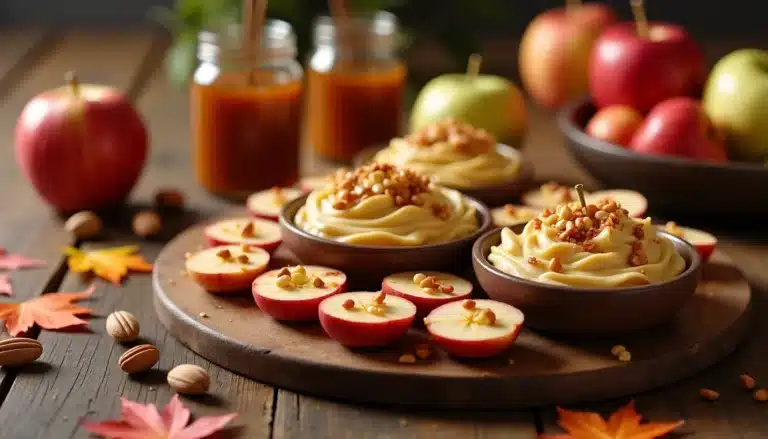 Caramel apple dessert with nuts on wooden table.