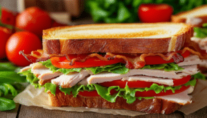 discover a simple and delicious recipe for a turkey club sandwich packed with layers of crispy bacon, fresh lettuce, juicy tomato, and creamy mayo. perfect for a quick lunch or a satisfying snack!