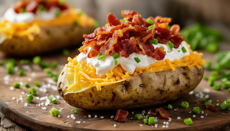discover the ultimate easy recipe for a delicious baked potato topped with creamy sour cream, melted cheese, crispy bacon, and fresh chives. perfect for a comforting meal or a quick snack!