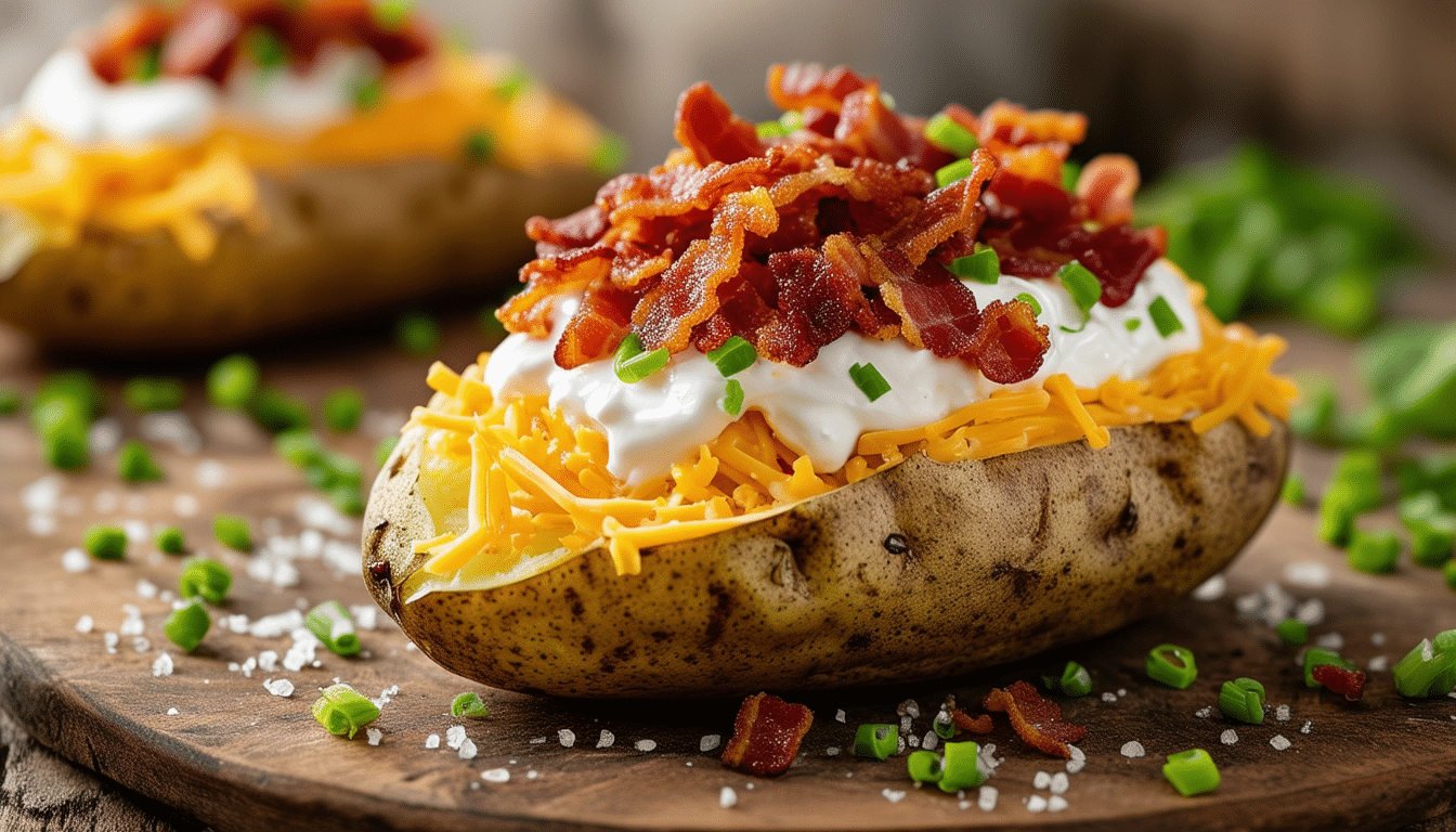 discover the ultimate easy recipe for a delicious baked potato topped with creamy sour cream, melted cheese, crispy bacon, and fresh chives. perfect for a comforting meal or a quick snack!