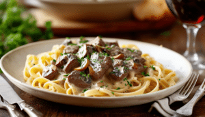 discover a simple and delicious recipe for beef stroganoff featuring tender beef and a creamy mushroom sauce served over perfectly cooked egg noodles. ideal for a comforting weeknight dinner!