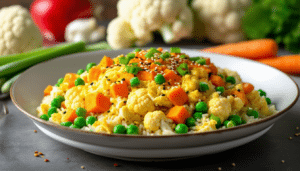 discover a quick and easy recipe for a delicious cauliflower rice stir-fry featuring vibrant peas, sweet carrots, and fluffy scrambled egg. perfect for a healthy meal in under 30 minutes!
