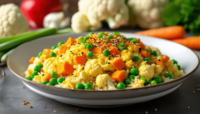 discover a quick and easy recipe for a delicious cauliflower rice stir-fry featuring vibrant peas, sweet carrots, and fluffy scrambled egg. perfect for a healthy meal in under 30 minutes!
