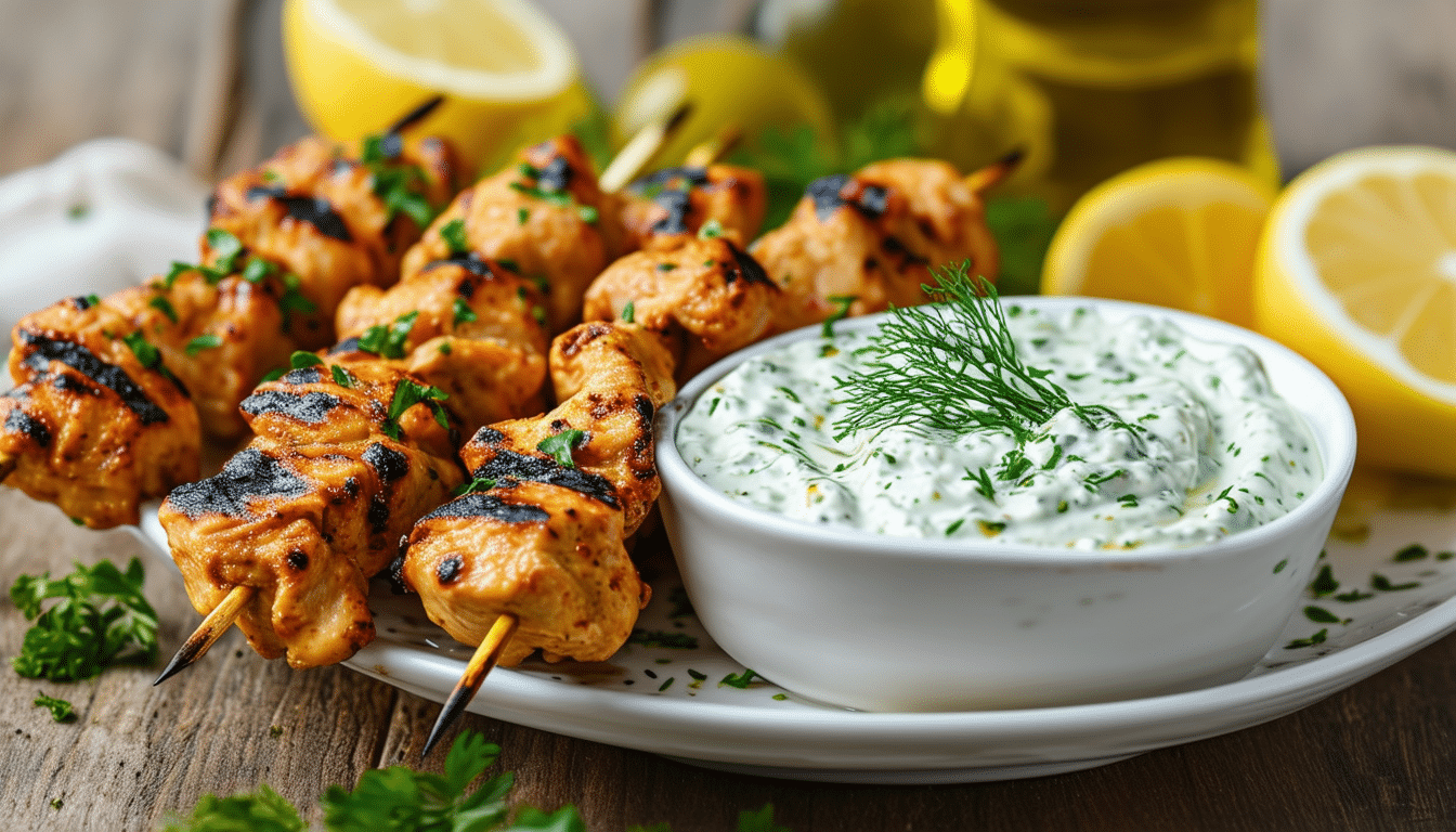 discover the perfect easy recipe for greek chicken skewers served with a creamy tzatziki sauce. this delicious dish is packed with flavor and is ideal for summer barbecues or family dinners. impress your guests with these simple, mouthwatering skewers!
