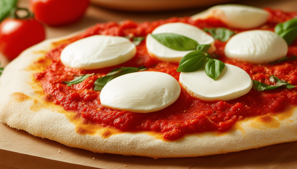 Easy recipe for margherita flatbread with tomato sauce, fresh mozzarella, and basil