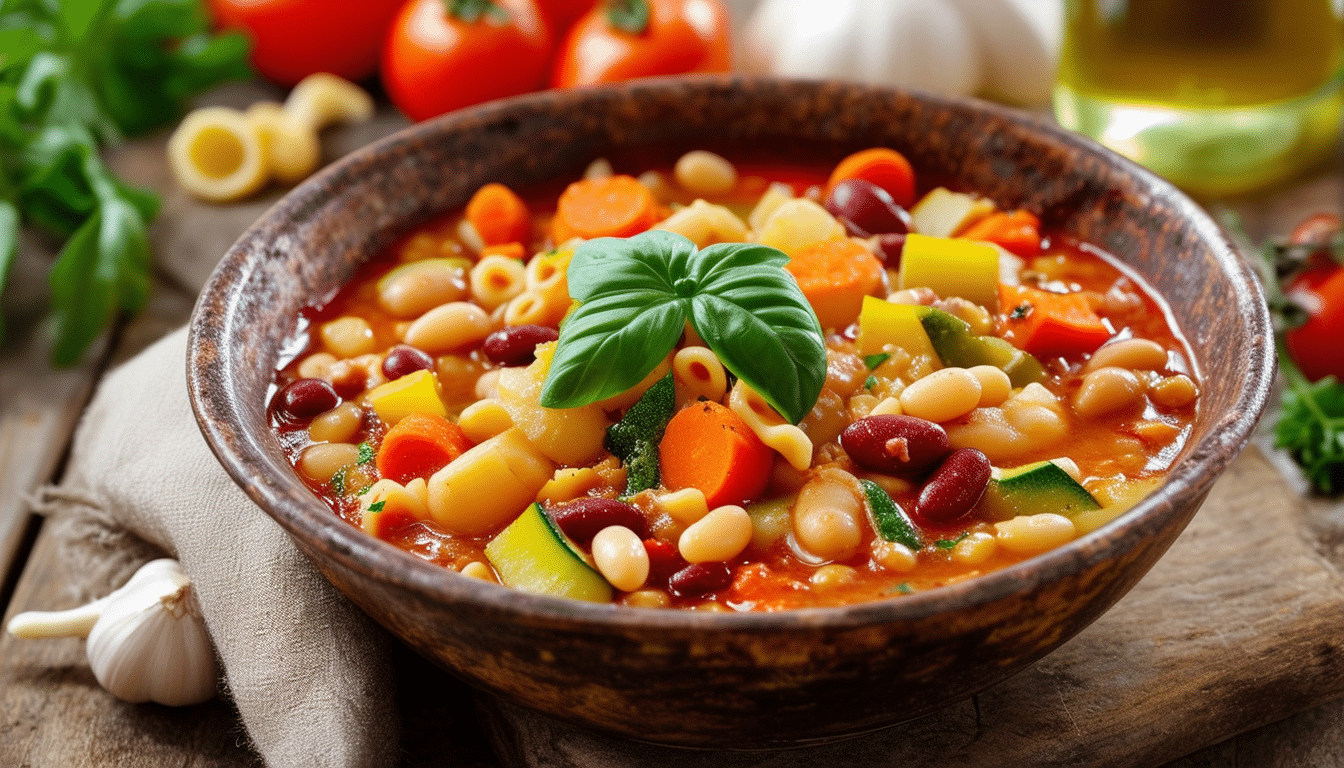 discover a simple and delicious recipe for minestrone soup, packed with fresh vegetables, hearty beans, and pasta immersed in a rich tomato broth. perfect for a comforting meal any time of the year!
