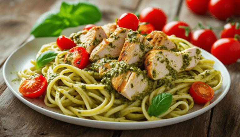 discover a quick and easy recipe for pesto chicken pasta featuring juicy cherry tomatoes. perfect for a weeknight dinner, this flavorful dish combines tender chicken, al dente pasta, and a vibrant pesto sauce for a delightful meal in just 30 minutes.