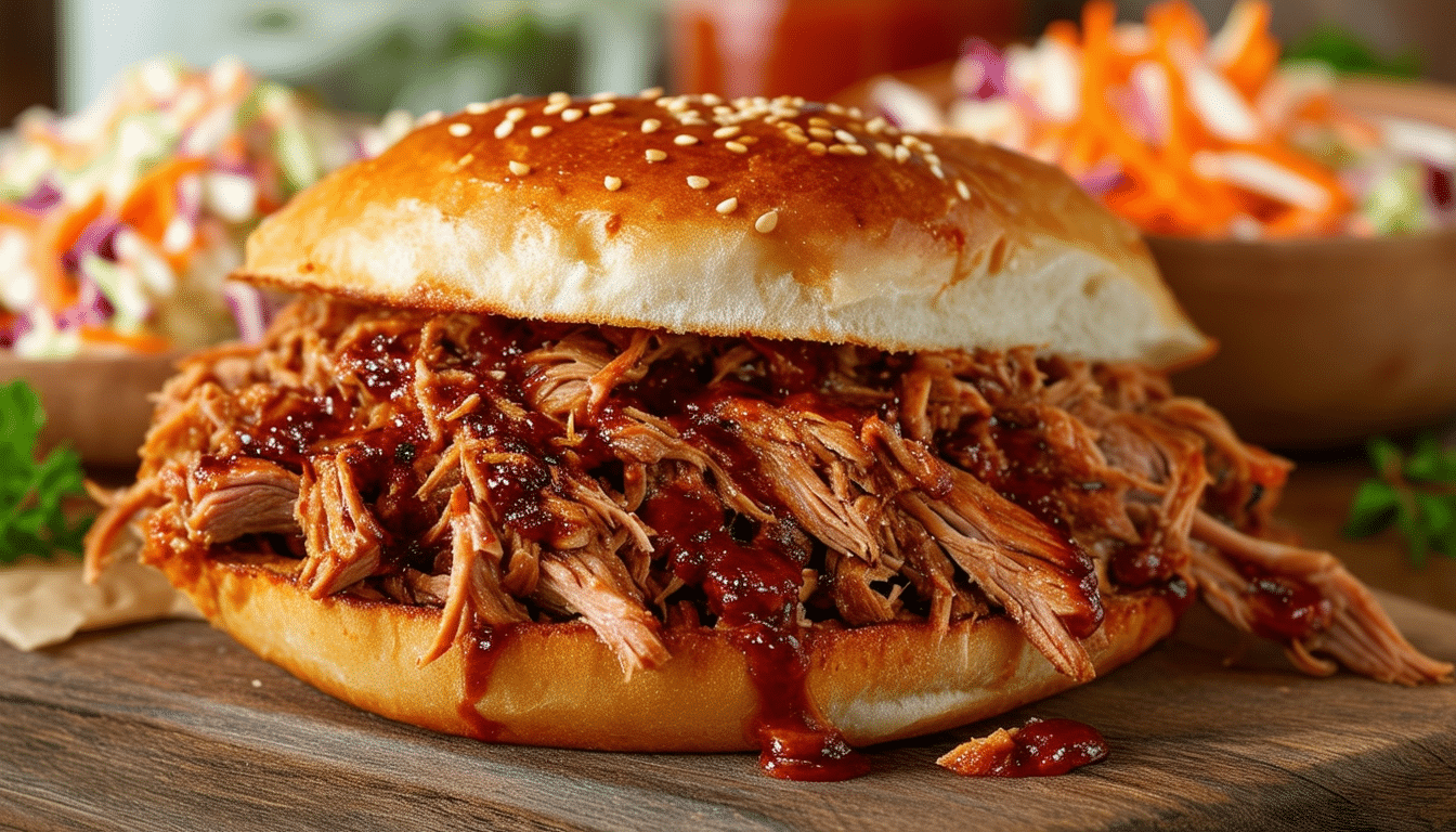 discover this easy pulled pork sandwich recipe, featuring tender, slow-cooked pork drenched in rich bbq sauce. perfect for a delicious meal any day of the week!