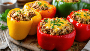 discover a simple and delicious recipe for stuffed bell peppers filled with a savory mix of rice, meat, and melted cheese. perfect for a family dinner or meal prep, this flavorful dish is easy to make and sure to satisfy!