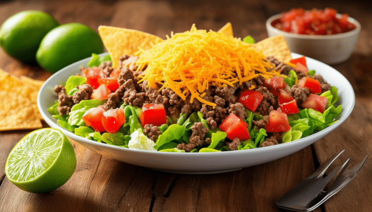 discover a simple and delicious taco salad recipe featuring seasoned ground beef, fresh lettuce, zesty tomatoes, melted cheese, and crunchy tortilla chips. perfect for a quick meal or a crowd-pleasing dish!
