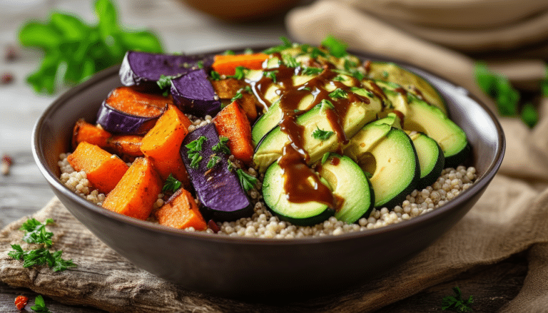 discover a simple and delicious quinoa bowl recipe topped with roasted vegetables, creamy avocado, and a flavorful drizzle of tahini. perfect for healthy meals that are satisfying and easy to prepare!