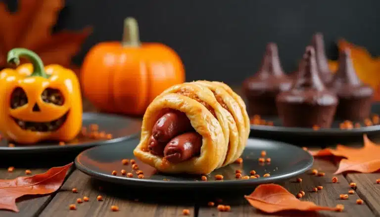 Halloween snacks with pumpkins and spooky treats