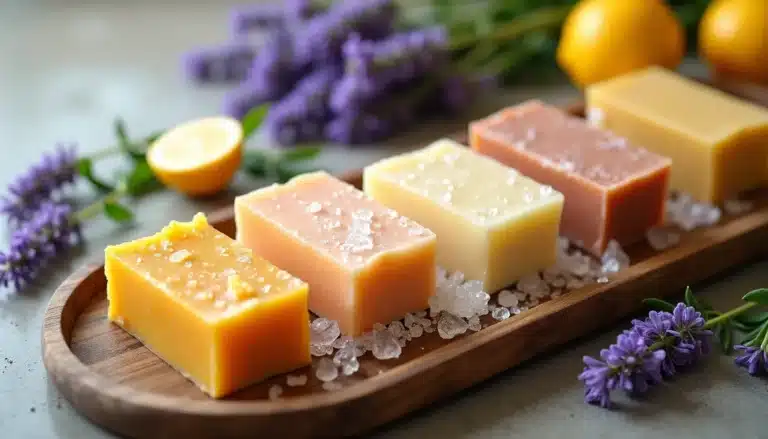 Colorful handmade soaps on wooden tray with flowers