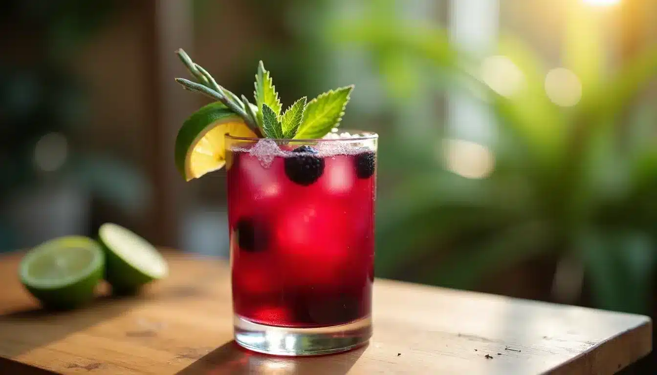 Refreshing berry cocktail with lime and mint garnish.