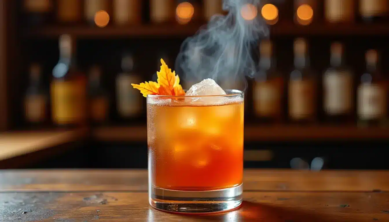 Smoky autumn cocktail with ice and maple leaf.