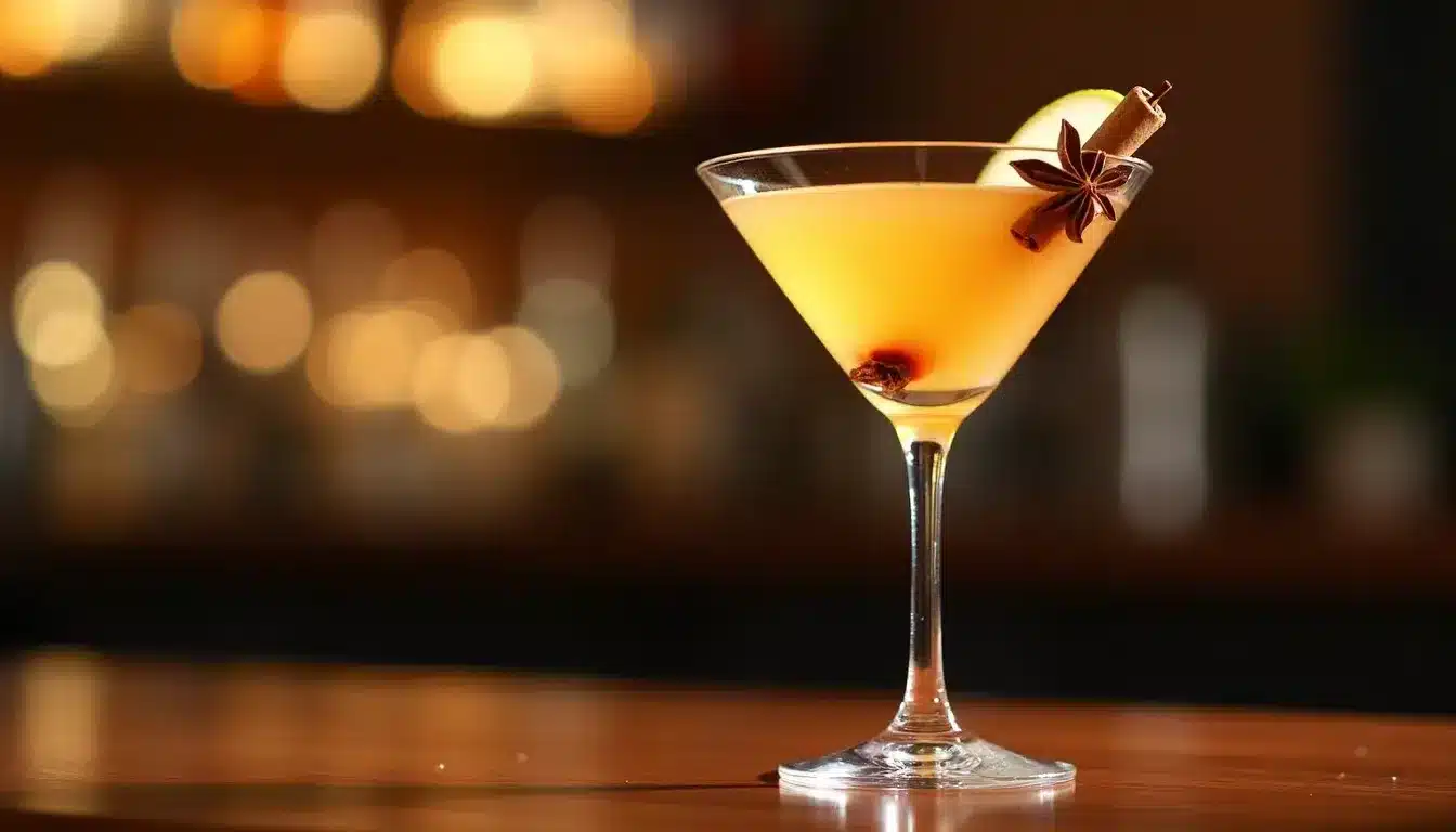 Elegant cocktail with cinnamon and star anise garnish.