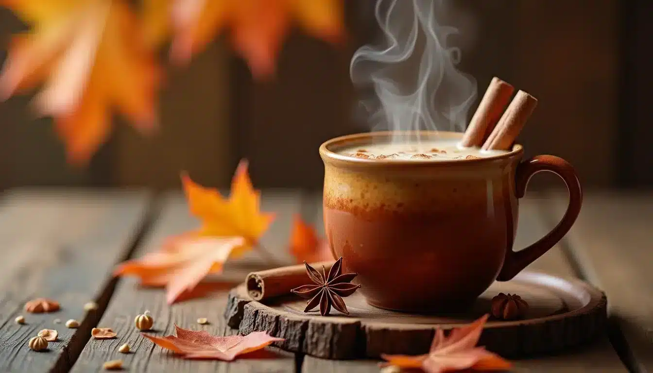 Steaming pumpkin spice latte with cinnamon sticks.