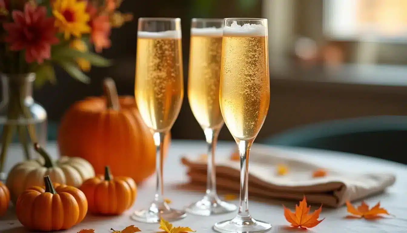 Three champagne flutes with pumpkins and autumn leaves