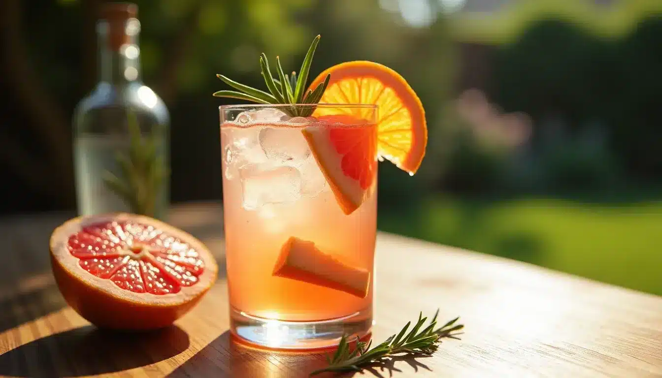 Refreshing grapefruit cocktail with rosemary garnish