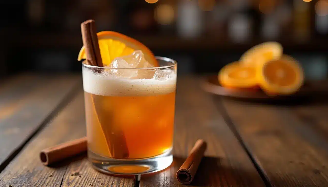 Orange cocktail with cinnamon stick on wooden table.