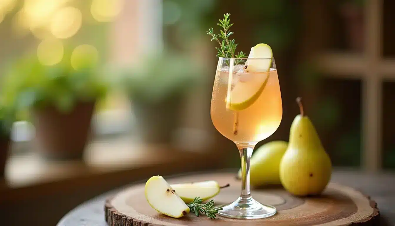 Pear cocktail with rosemary garnish on wooden table.