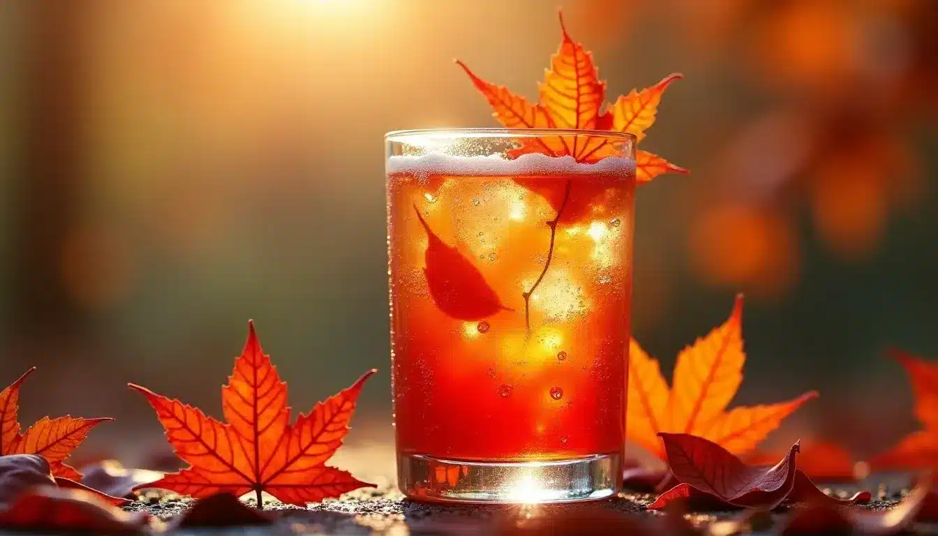 Autumn cocktail with maple leaves in sunlight