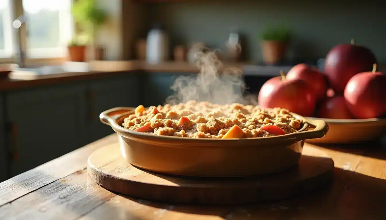 Freshly baked apple crumble in a dish