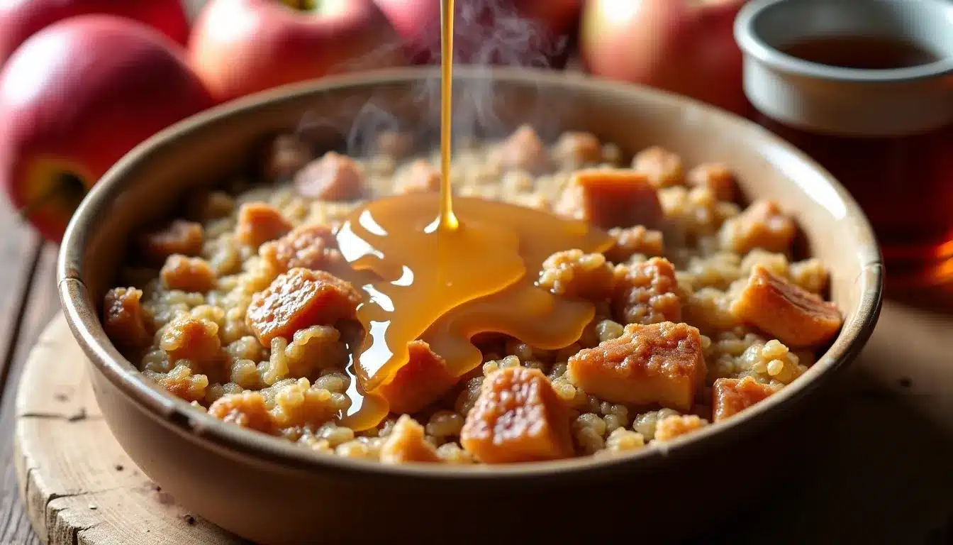 Pouring honey over fresh apple porridge.