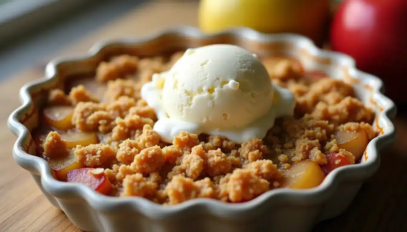 Peach crumble topped with vanilla ice cream.