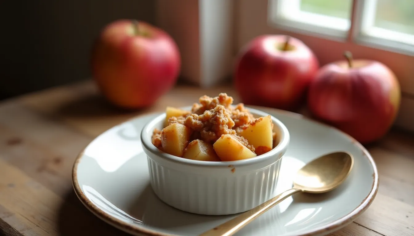 Apple crumble dessert in a white ramekin