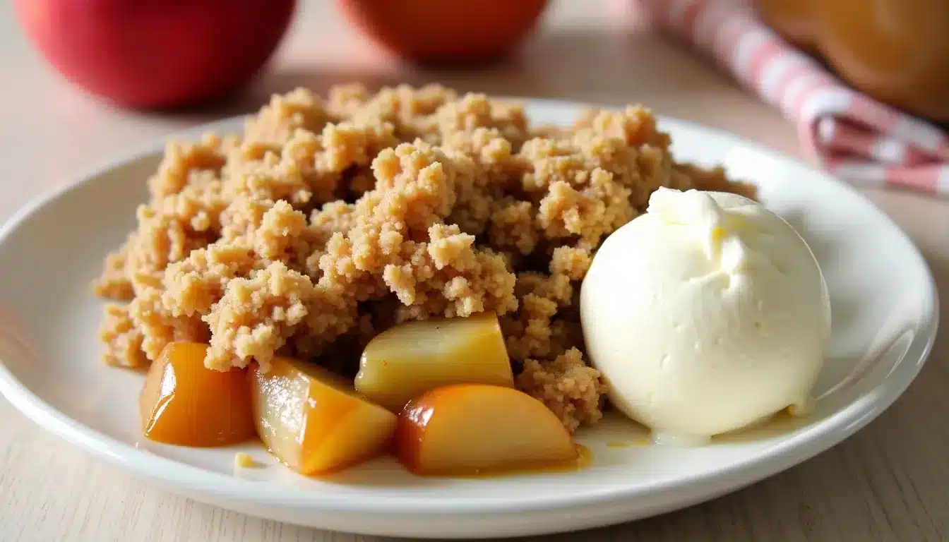 Peach crumble with vanilla ice cream on plate.