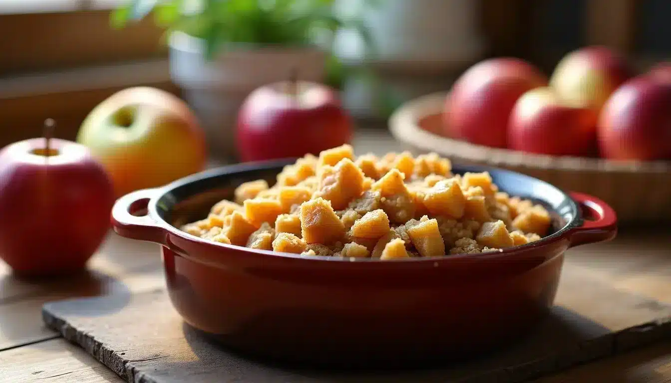 Baked apple crumble in red casserole dish.