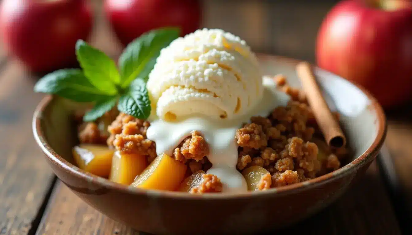 Apple crisp with ice cream and cinnamon stick